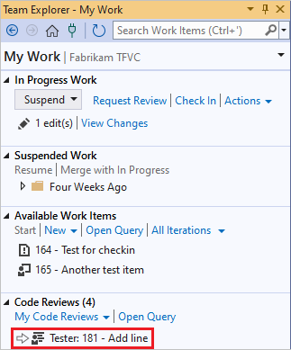 Cuplikan layar permintaan tinjauan di halaman Kerja Saya di Team Explorer.