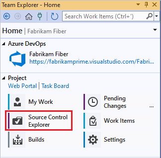 Cuplikan layar yang memperlihatkan halaman Beranda Team Explorer dengan Penjelajah Kontrol Sumber dipilih.