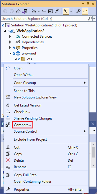 Cuplikan layar yang memperlihatkan opsi Bandingkan di menu konteks Penjelajah Solusi.