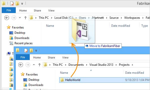 Cuplikan layar memperlihatkan pemindahan kode sumber Anda ke folder ruang kerja Anda.