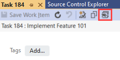 Cuplikan layar bilah menu item kerja di TFVC. Ikon Lacak Item Kerja disorot.