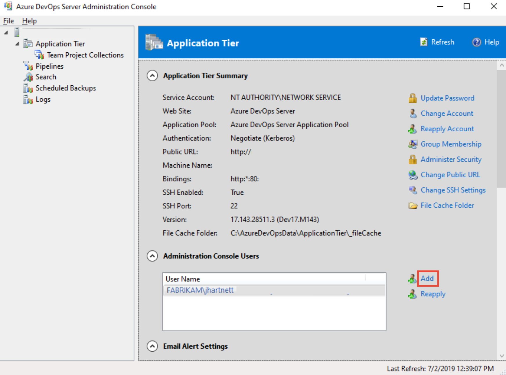 Cuplikan layar Konsol Administrasi Server 2019 dengan opsi Tambahkan disorot.