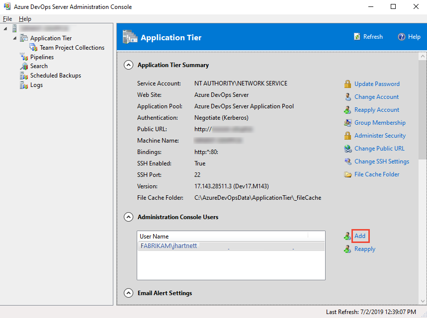 Cuplikan layar Konsol Administrasi Server 2019 dengan opsi Tambahkan disorot.