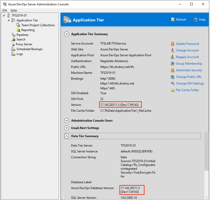 Cuplikan layar Konsol Administrasi Azure DevOps Server, halaman Tingkat Aplikasi, 2019.