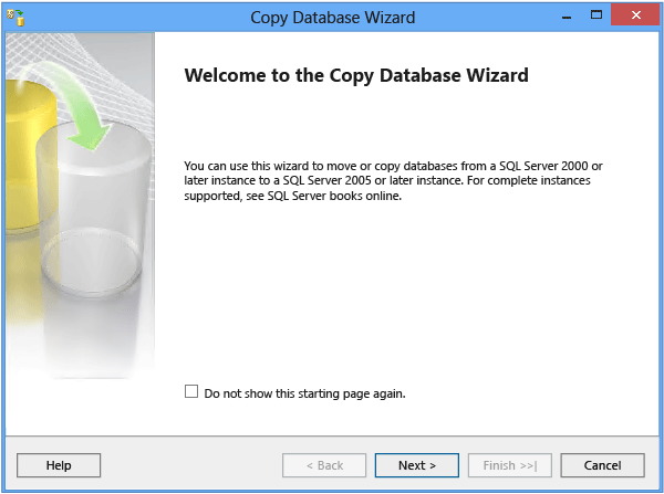 Cuplikan layar halaman selamat datang wizard Salin Database.