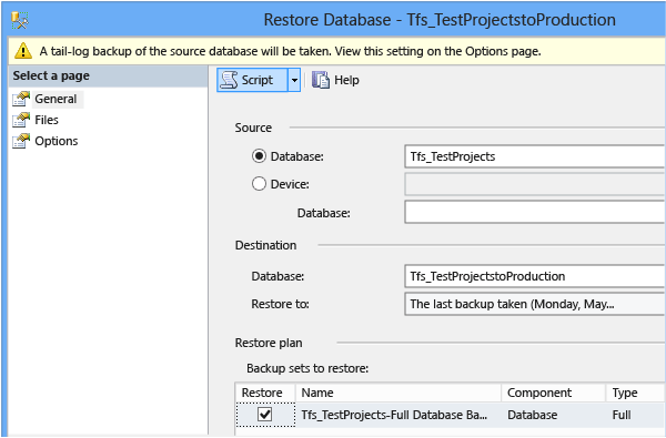 Opsi Pulihkan database dari panel Umum