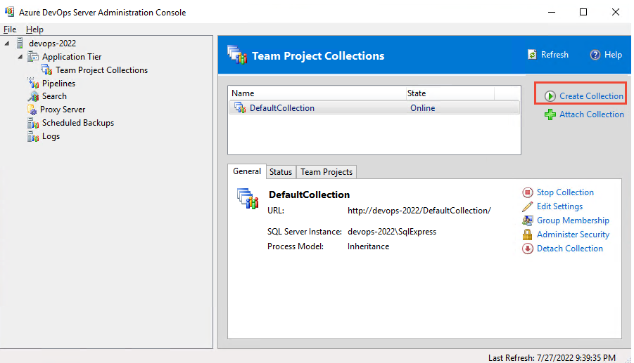 Cuplikan layar Konsol Administrasi, simpul Kumpulan Proyek Tim, Buat koleksi, Azure DevOps Server 2022.