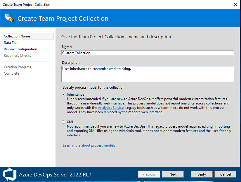 Kotak dialog Buat Koleksi, Azure DevOps Server 2022, dengan opsi Pewarisan dipilih.