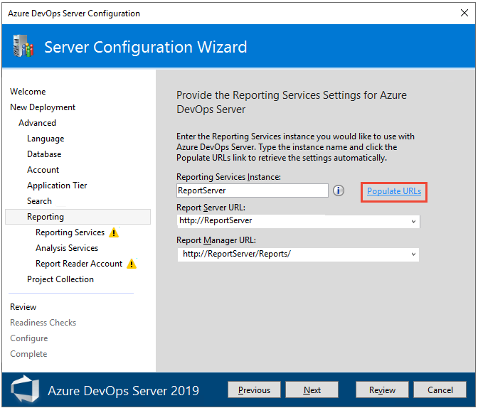 Cuplikan layar Wizard Konfigurasi Server, Layanan pelaporan.
