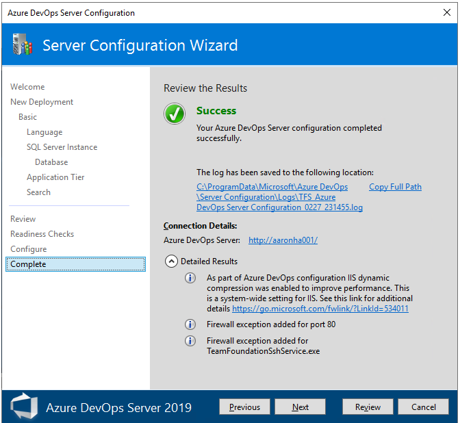 Cuplikan layar Wizard Konfigurasi Server, halaman Selesai, Kemajuan selesai, 2019.