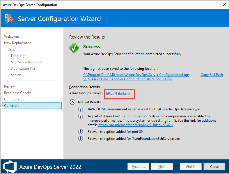 Cuplikan layar Wizard Konfigurasi Server, halaman Selesai, Kemajuan selesai, 2022. 