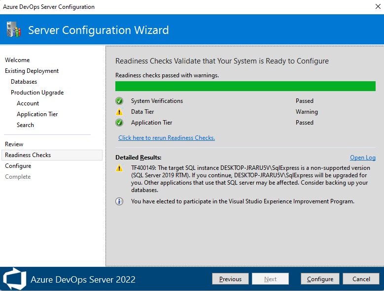 Cuplikan layar Wizard Konfigurasi Server, halaman Pemeriksaan Kesiapan, Azure DevOps Server 2022.