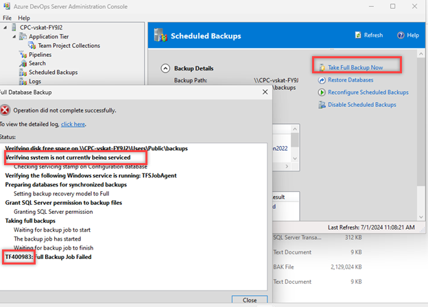 Cuplikan layar memperlihatkan tautan yang disorot untuk mengambil cadangan penuh sekarang.