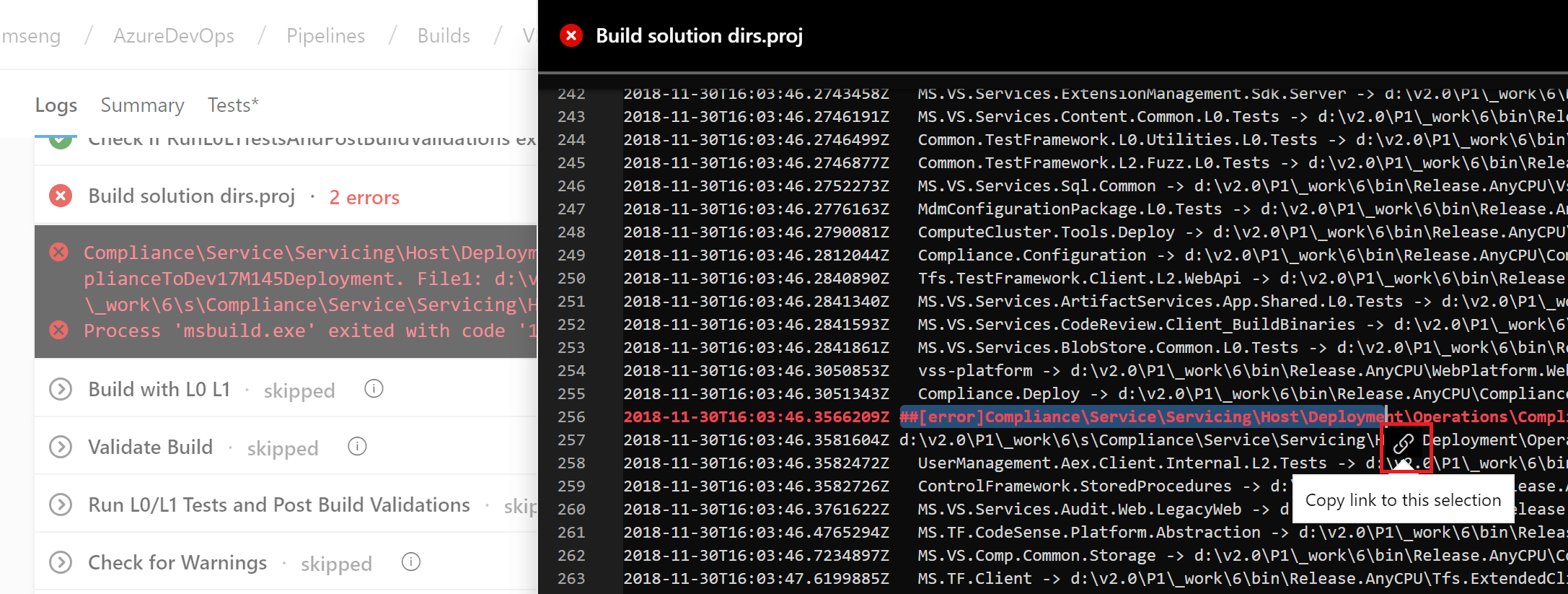 Cuplikan layar file Build solution dirs.proj dengan baris log disorot dan opsi Salin Tautan ke pilihan ini dipanggil.