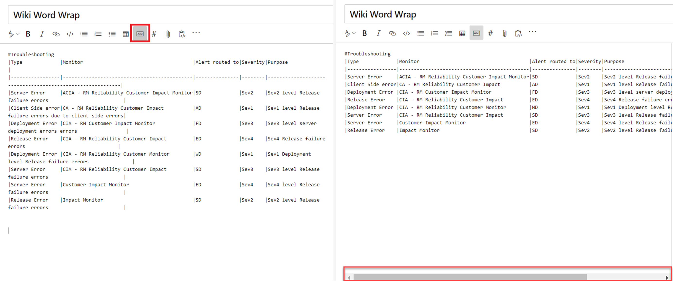 Cuplikan layar halaman Wiki dengan opsi Bungkus Word dan bilah gulir horizontal dipanggil.