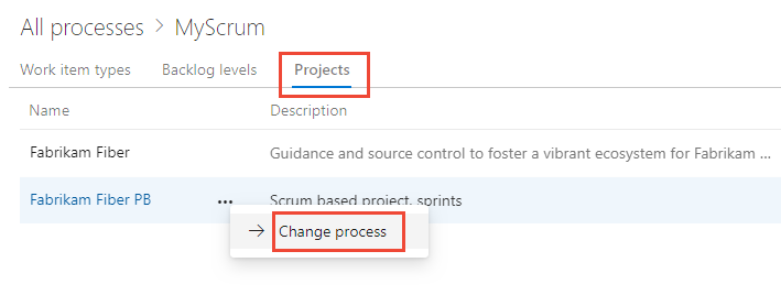 Cuplikan layar tab Proyek dengan opsi Ubah proses yang dipanggil.