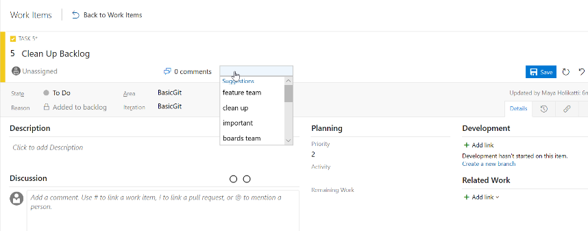 Cuplikan layar memperlihatkan tag terbaru yang digunakan ditampilkan saat menandai item kerja.