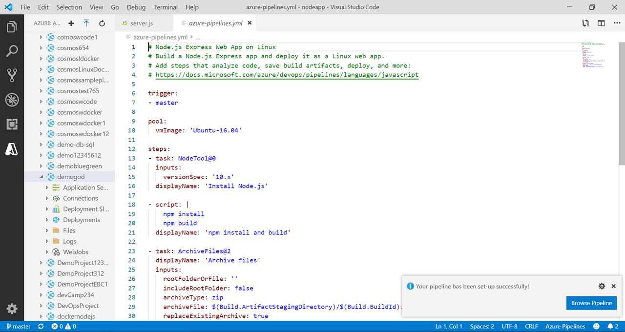 Cuplikan layar Visual Studio Code dengan pemberitahuan di sudut kanan bawah yang mengatakan: Alur Anda telah berhasil disiapkan.