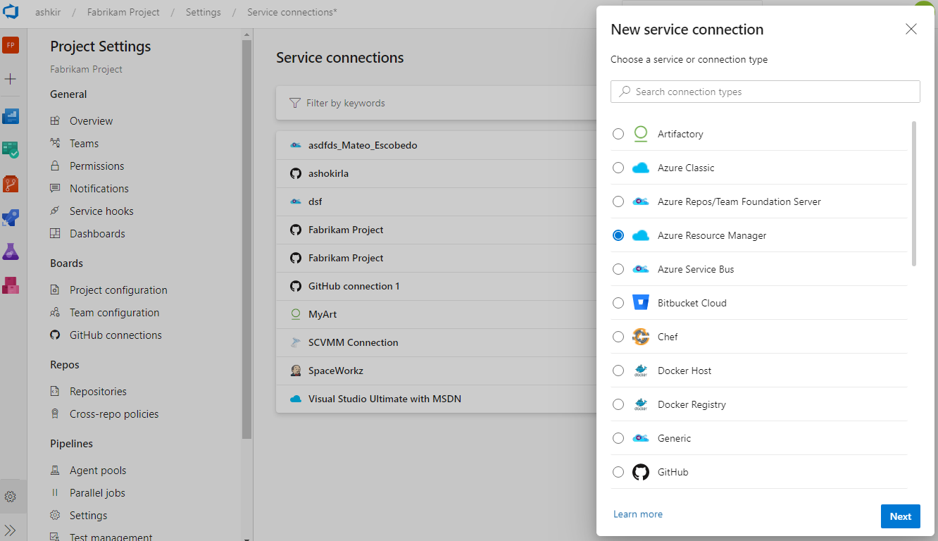 Cuplikan layar kotak dialog Koneksi layanan baru.