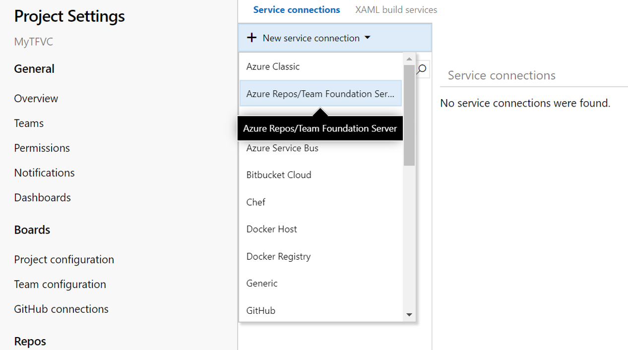 Cuplikan layar halaman Pengaturan Proyek dengan opsi Azure Repos/Team Foundation Server disorot.