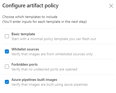 Cuplikan layar memperlihatkan kotak dialog Konfigurasikan kebijakan artefak dengan daftar templat yang akan disertakan.