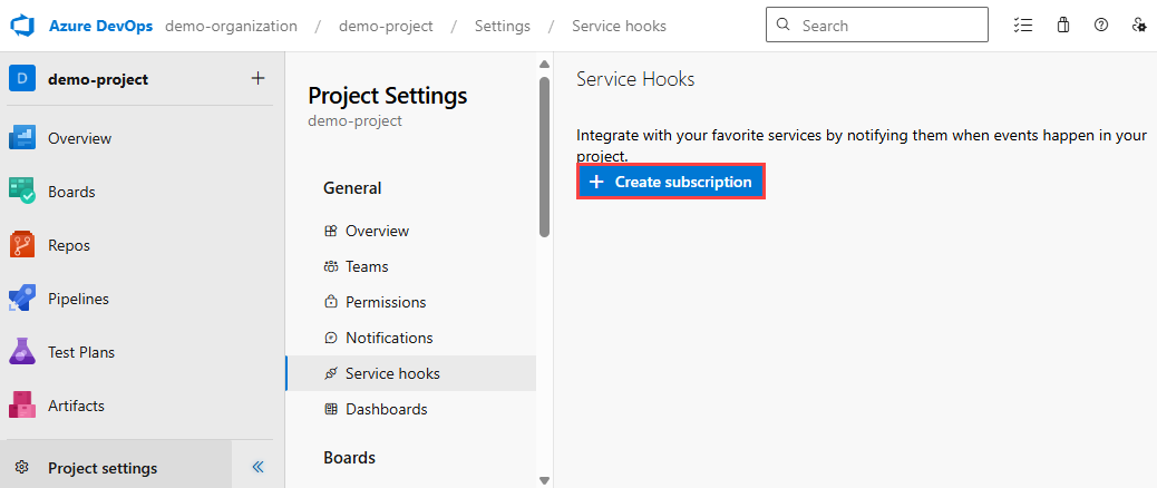 Cuplikan layar halaman Service Hooks dari proyek Azure DevOps. Tombol Buat langganan disorot.