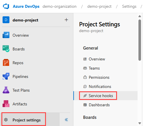 Cuplikan layar yang memperlihatkan proyek Azure DevOps. Di sisi lain, Pengaturan proyek dan Kait layanan disorot.