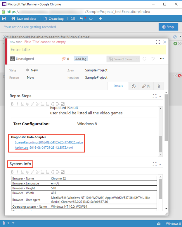 Cuplikan layar memperlihatkan menampilkan data diagnostik dalam bug yang Anda buat.