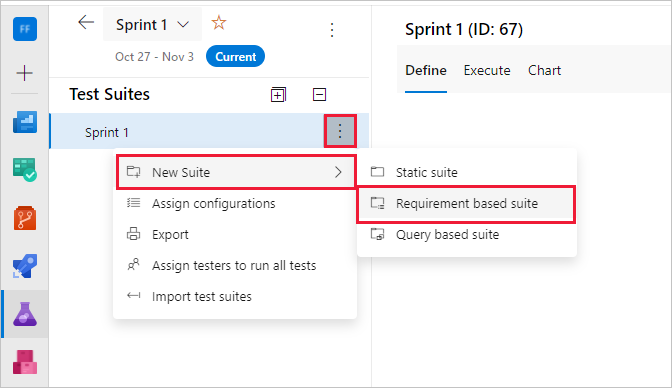 Cuplikan layar memperlihatkan pembuatan rangkaian pengujian berbasis persyaratan untuk Azure DevOps Server 2020 dan Azure DevOps Services.