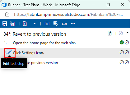 Cuplikan layar memperlihatkan cara memilih ikon edit untuk mengedit langkah-langkah pengujian.
