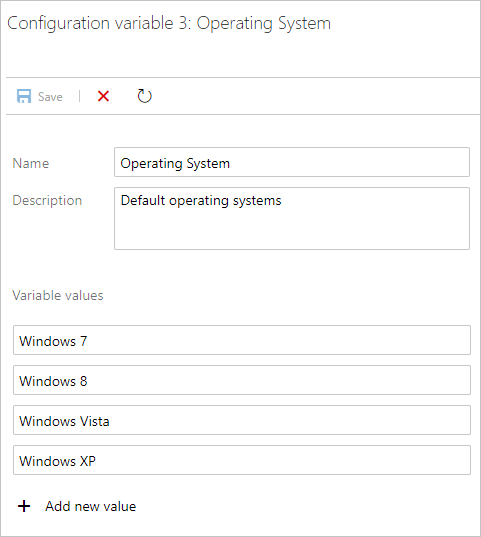 Cuplikan layar memperlihatkan pengaturan nilai untuk variabel konfigurasi Sistem Operasi.