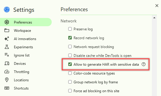 Cuplikan layar menampilkan tanda centang di samping preferensi jaringan Google Chrome, Izinkan untuk membuat HAR dengan data sensitif.
