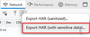 Screenshot menunjukkan pilihan yang disorot Ekspor HAR dengan data sensitif di Microsoft Edge.