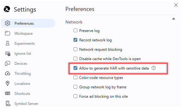 Screenshot menunjukkan tanda centang di sebelah preferensi jaringan Microsoft Edge, izinkan pembuatan HAR dengan data sensitif.