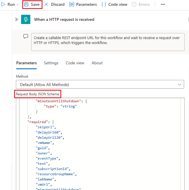 Cuplikan layar memperlihatkan Skema JSON Isi Permintaan di perancang.