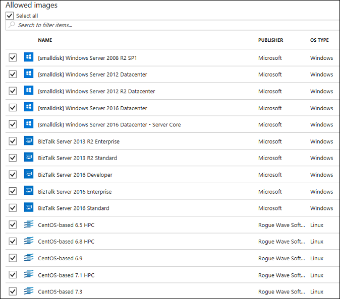 Anda dapat menentukan gambar Marketplace Microsoft Azure mana yang dapat digunakan sebagai gambar dasar bagi VM