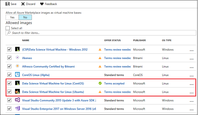 Cuplikan layar yang menampilkan gambar Data Science Virtual Machine dengan status penawaran '