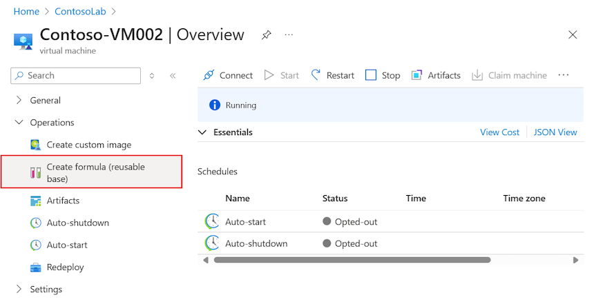 Cuplikan layar yang memperlihatkan cara membuat rumus dari VM yang ada di lab di DevTest Labs.