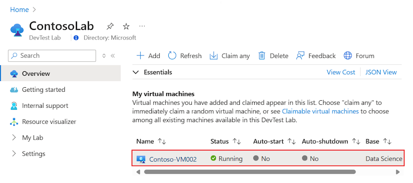 Cuplikan layar yang memperlihatkan cara memilih VM yang ada di lab untuk digunakan sebagai dasar rumus di DevTest Labs.