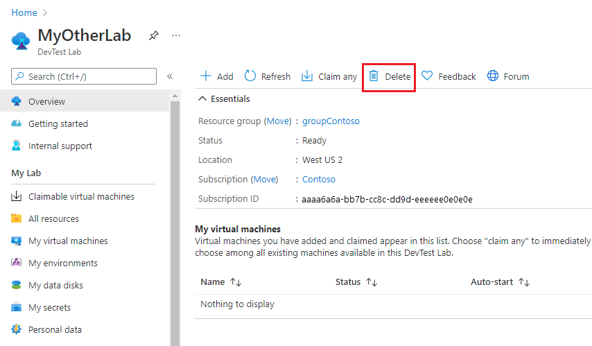 Tombol hapus pada cuplikan layar lab.