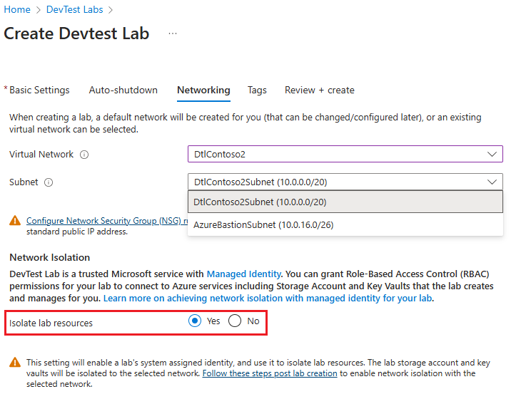 Cuplikan layar yang memperlihatkan pemilihan subnet.