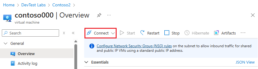 Cuplikan layar memilih Sambungkan di menu atas VM.