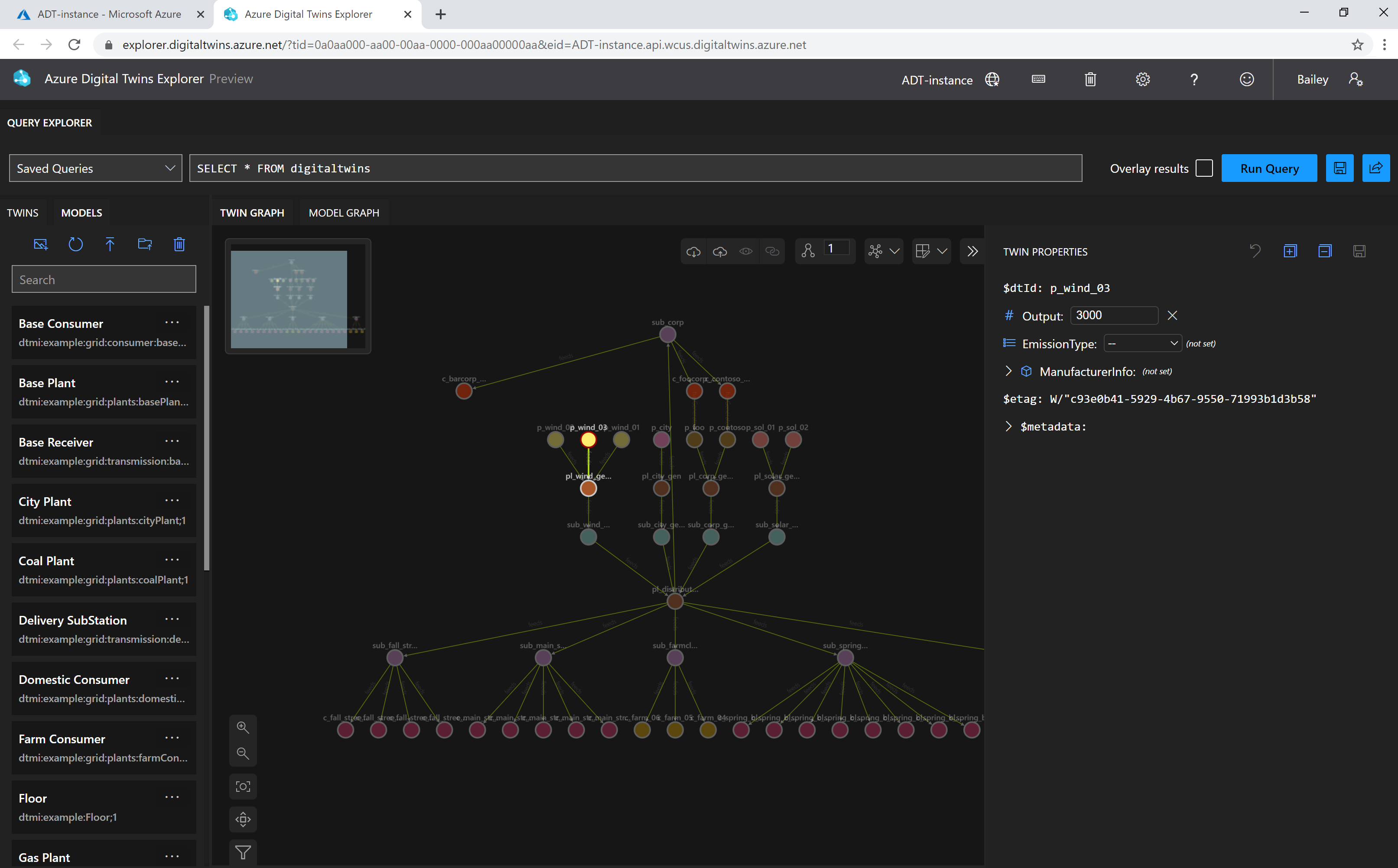 Screenshot of Azure Digital Twins Explorer showing sample models and twins.