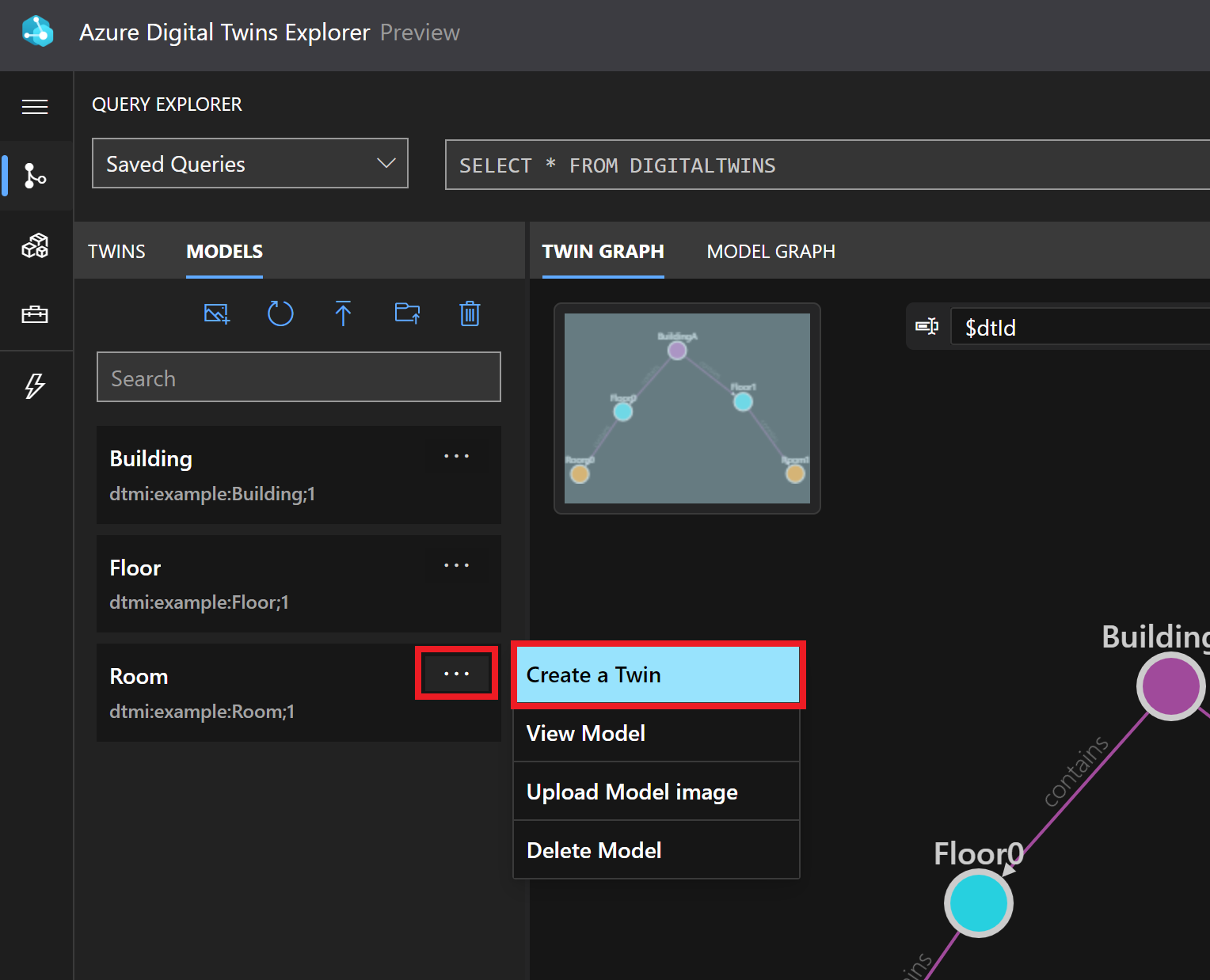 Cuplikan layar Azure Digital Twins Explorer memperlihatkan panel Model, dan opsi untuk Membuat Kembar dari model Ruangan.
