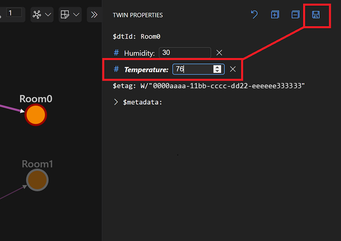 Cuplikan layar Penjelajah Azure Digital Twins menyoroti bahwa panel Properti Kembar menampilkan properti yang dapat diedit untuk Room0.