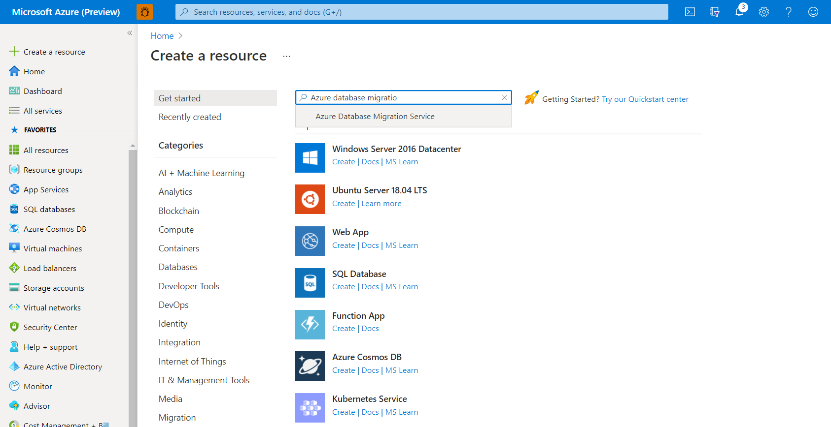 Cuplikan layar Search Azure Database Migration Service.