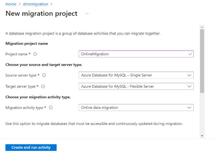 Cuplikan layar Buat proyek migrasi baru.