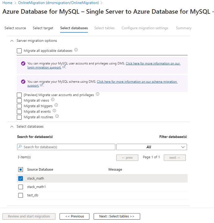 Cuplikan layar Pilih database.