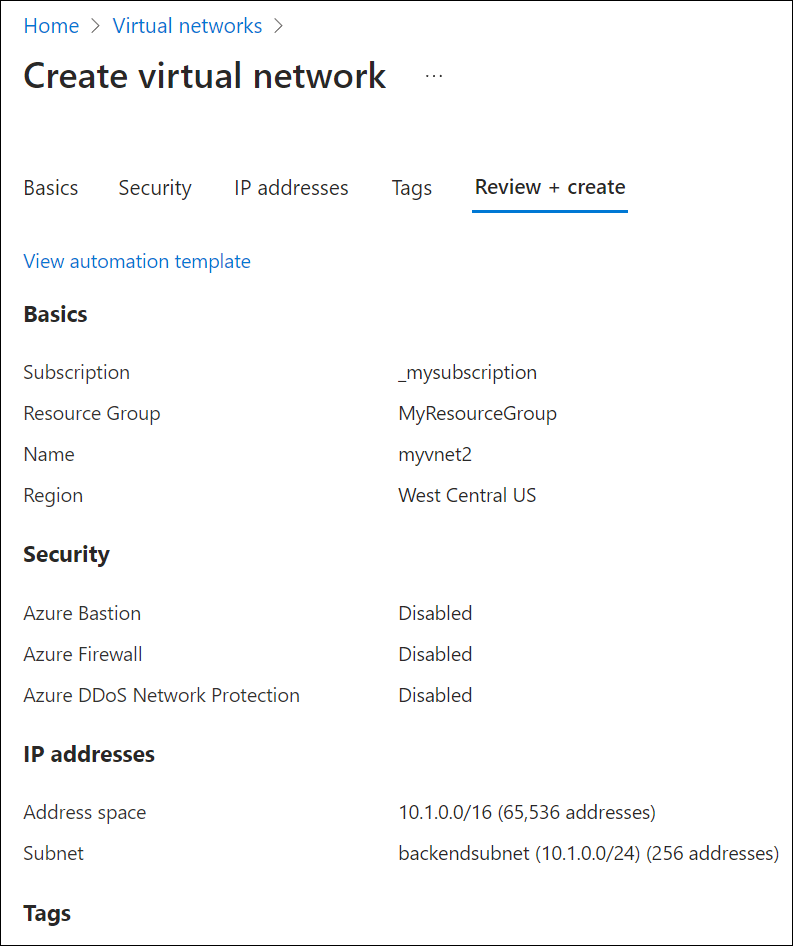 Cuplikan layar memperlihatkan pembuatan vnet kedua.