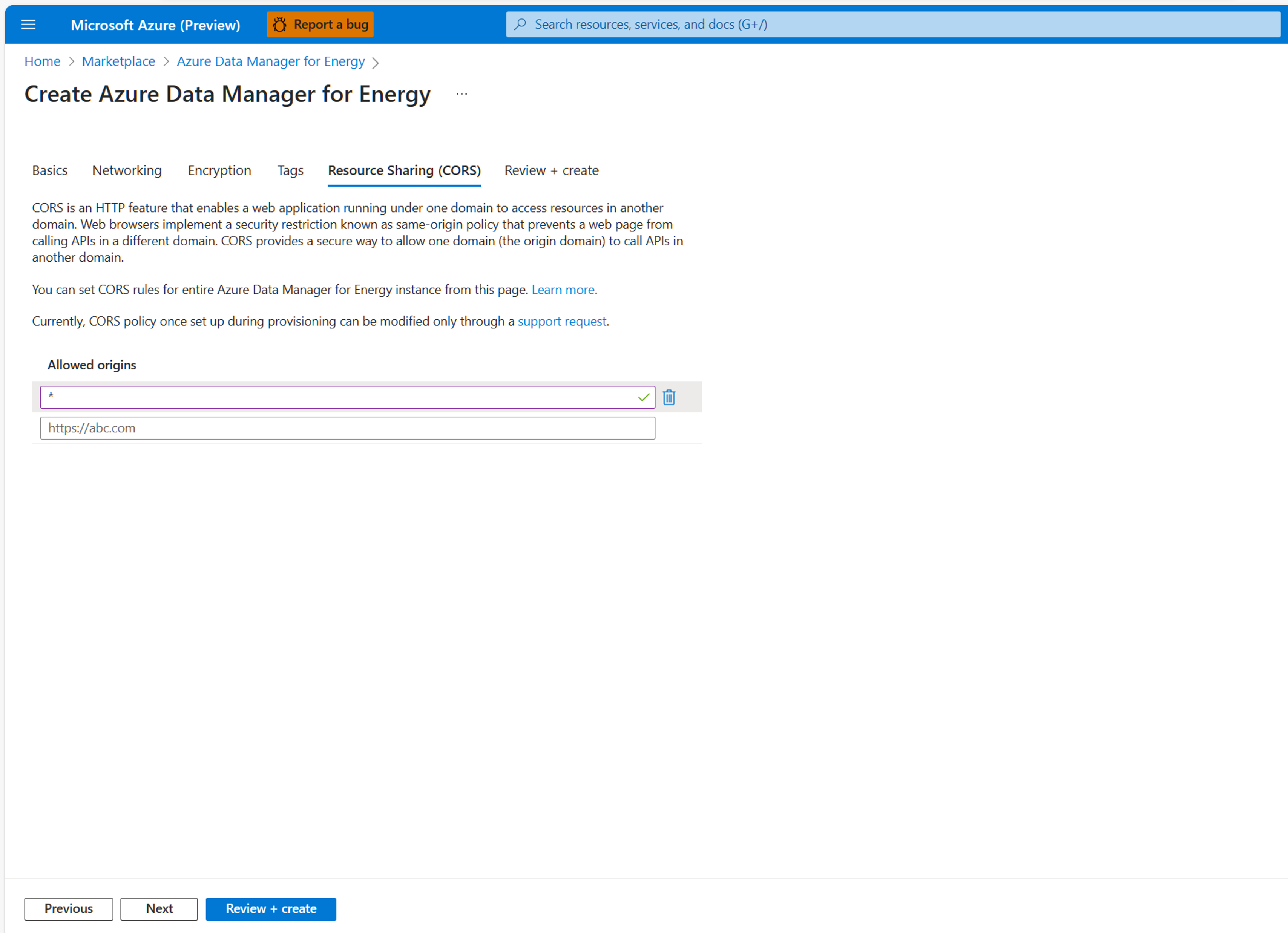 Cuplikan layar tab Berbagi Sumber Daya (CORS) saat membuat Azure Data Manager for Energy.
